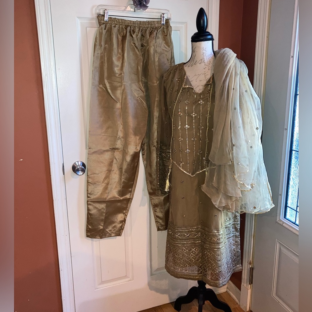 Ethnic Pants Tunic Dress Wrap Scarf 4 Piece Gold/Olive Green Small byTassels